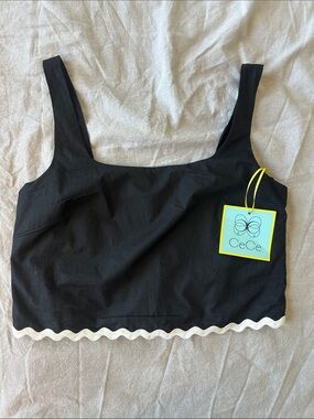 CeCe Black Cropped Tank with White Scalloped Hem